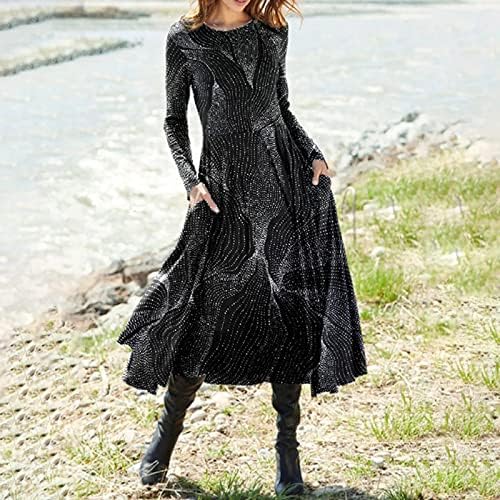 NOKMOPO Maxi Elbise Kadınlar için Moda Rahat Baskılı Yuvarlak Boyun Kazak Uzun Kollu Elbise