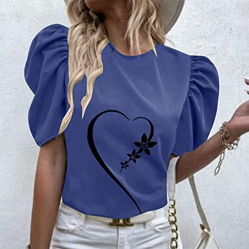 Bayanlar Puf Kollu Üstleri kadın T-Shirt O-Boyun Sevimli Baskı Kısa Kollu Casual Tee Tops Yaz Grafik Gömlek Gevşek