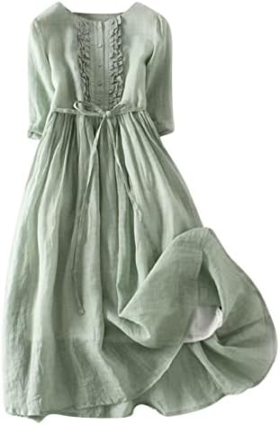 Kadın Vintage Pamuk Keten Elbise Fırfır Trim Düğme Aşağı 3/4 Kollu Casual Midi Elbiseler Yaz Gevşek Dökümlü Sundress