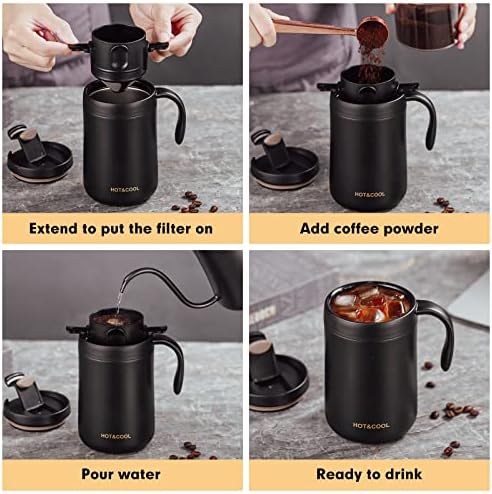 TEBİCOO 16 oz Kamp Kahve Makinesi Kahve Makinesi Seti Üzerine Dökün Paslanmaz Çelik Kahve Kupa + Katlanabilir Kahve