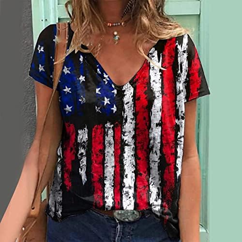 Amerikan Bayrağı Gömlek Bayan 4th Temmuz Vatansever T-Shirt Bayan V Boyun Yıldız Çizgili ABD Temel Tees Casual Grafik