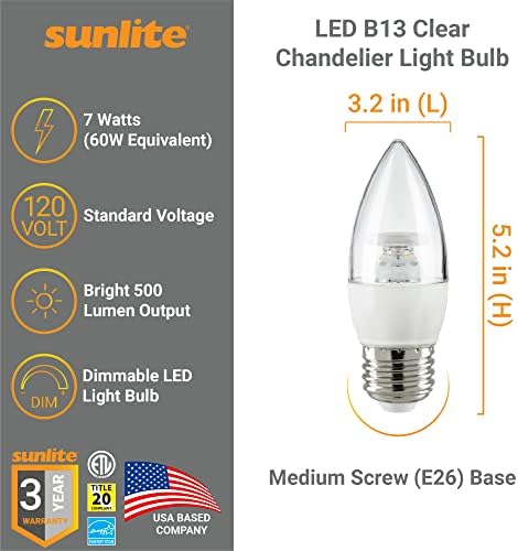Sunlite 41775 LED B13 Dekoratif Avize Ampulü, 7 Watt (60W=), 500 Lümen, 120 Volt, Kısılabilir, E26 Taban, Enerji