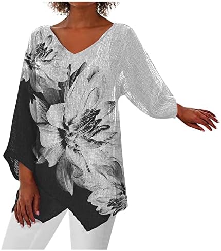 NOKMOPO Gömlek Kadınlar için Rahat Düz Renk Baskılı V Yaka Gevşek Düzensiz Hem Orta Uzun Kollu Üst Gevşek Bluzlar