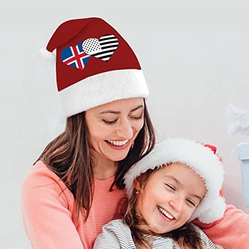 İzlanda Bayrağı ve Amerikan Bayrağı Noel Şapka Santa Şapka Unisex Yetişkinler için Konfor Klasik Noel Kap Noel Partisi