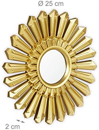 Relaxdays Sunburst Dekor Aynası, 3'lü Set, Yuvarlak Askılı Ayna, Plastik Çerçeve, Ø 25 cm, Altın