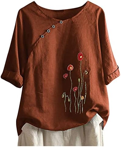 Yaz Artı Boyutu Kadınlar için Pamuk Keten Gömlek Moda Çiçek Baskı Grafik Tees Kısa Kollu Crewneck Düğme Bluzlar
