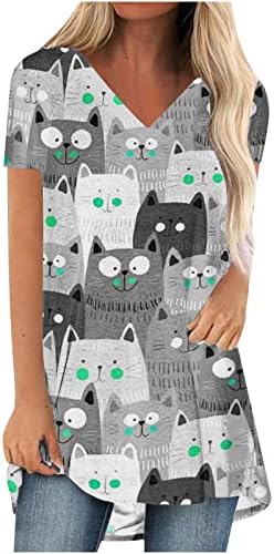 Bayan Kedi Baskı Rahat Fit Tops V Boyun Bluzlar T Shirt Kısa Kollu Sevimli Sonbahar Yaz Üstleri Giysi Moda MN