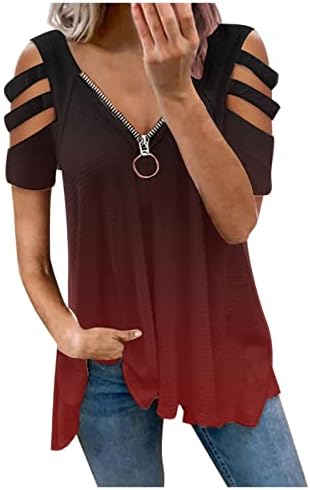 Bayan Üstleri Yaz Rahat Degrade T Shirt Fermuar Hollow Out Tops Seksi Derin V Boyun Bluzlar Tees Yaz Akıcı T Shirt