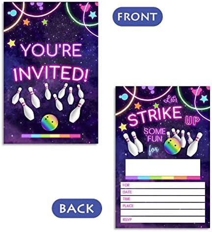 Bowling Doğum Günü partisi Davetiye Kartları Gençler için, gökkuşağı neon glow bowling davet Zarflar ile (20 paket)