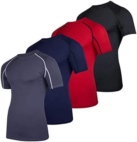 4 Paket: Erkek Kısa Kollu Sıkıştırma Gömlek Taban Katmanı Fanila Aktif Atletik Kuru Fit Üst (Büyük ve Uzun Boylu