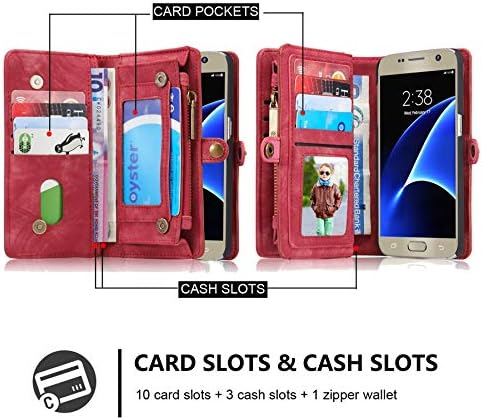 Galaxy S7 Cüzdan Kılıf, Hynice Ayrılabilir Deri Çanta ile 11 kart Sltos Fermuar Cep Kredi Kartı Tutucu için Çıkarılabilir
