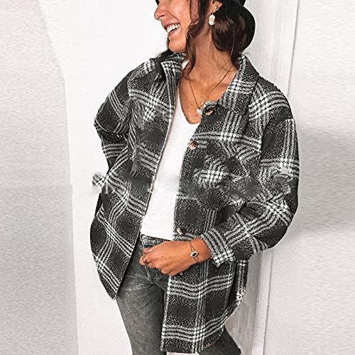 Uzun Shacket Ceket Kadın, Tam Kollu Yenilik Mont Bayanlar Tunik Kış Ev Tekstili Damalı Ceket Göğüslü