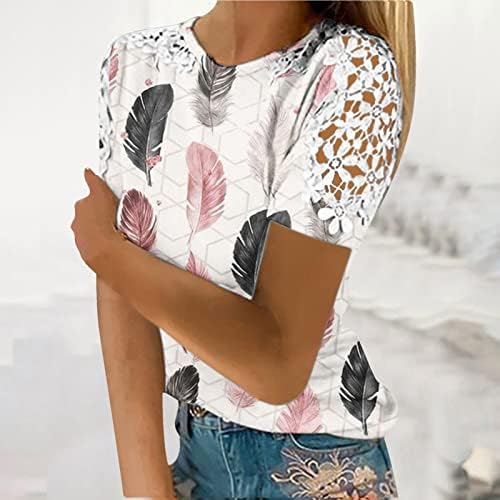 Kadınlar için yaz Üstleri 2023 Moda baskılı tişört Dantel Kısa Kollu Bluz Yuvarlak Boyun Casual Tops