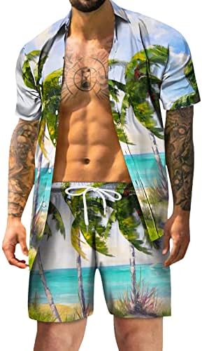 Yaz erkek T-Shirt Yaz Gömlek Plaj Kısa Kollu Baskılı Erkek Bahar Rahat Rahat Set Şort Düğmeli