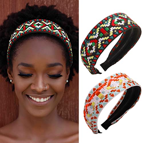 Coridy Boho Bantlar Streç Geniş Hairbands Nakış Baskılı Saç Çemberler Afrika Kafa Bantları Kadınlar için 2'li paket