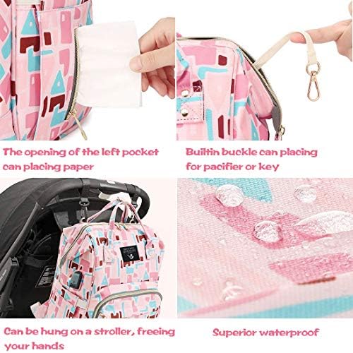 EssFeenı Pembe Bebek Bezi Çantası Geniş Açık Büyük Bebek Bezi Çantası Kızlar için seyahat USB bebek bezi çantası