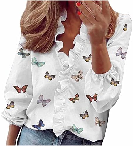 Kadın Düğme Aşağı Gömlek, Bayanlar Fırfır uzun Kollu Bluz Tops Boho Çiçek Baskı Tişörtleri Casual V Yaka Tunik Bluz