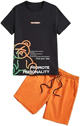 GORGLİTTER erkek 2 Parça Kıyafet Mektup Karikatür Grafik T Shirt İpli Bel Şort Salonu Seti