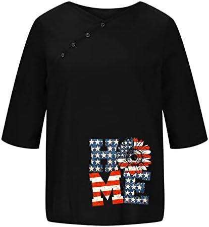 Bağımsızlık Günü Pamuk Keten Üst Kadınlar Amerikan Bayrağı Baskı 3/4 Kollu Bluz O Boyun Düğmesi 4th Temmuz Vatansever