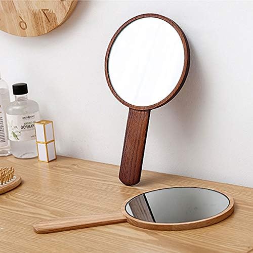 Asdfooo Ahşap El Ayna Ahşap, Yüksek Çözünürlüklü Kolu Makyaj Aynası Katı Ahşap Taşınabilir makyaj masası aynası El