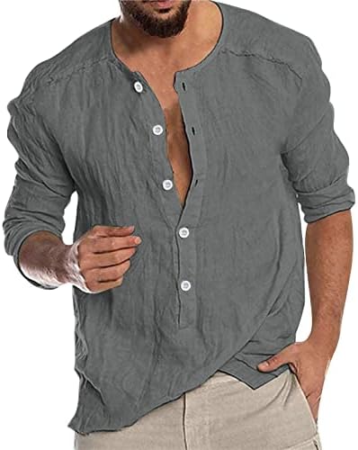WOCACHI erkek Henley Gömlek Pamuk Keten Uzun Kollu Düğme V Boyun Bandı Yaka Plaj Üstleri Tatil Hippi Rahat T Shirt