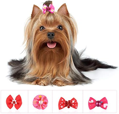 POPETPOP 50 pcs Köpek Yaylar ile lastik bantlar-Pet Kedi Köpek saç fiyonkları Renkli Rhinestone Boncuk Çiçekler Topuz