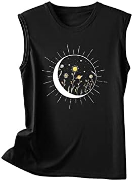 Kolsuz Yaz T Shirt Kadınlar için Baskılı Temel Güneş Ay Üstleri Tankı Moda Günlük Giyim Gevşek Fit Yuvarlak Boyun