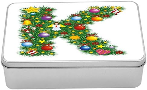 Ambesonne K Harfi Metal Kutu, Biblo Şeker ve Melek ile Renkli Noel Çam Ağacı Mektubu, Kapaklı Çok Amaçlı Dikdörtgen